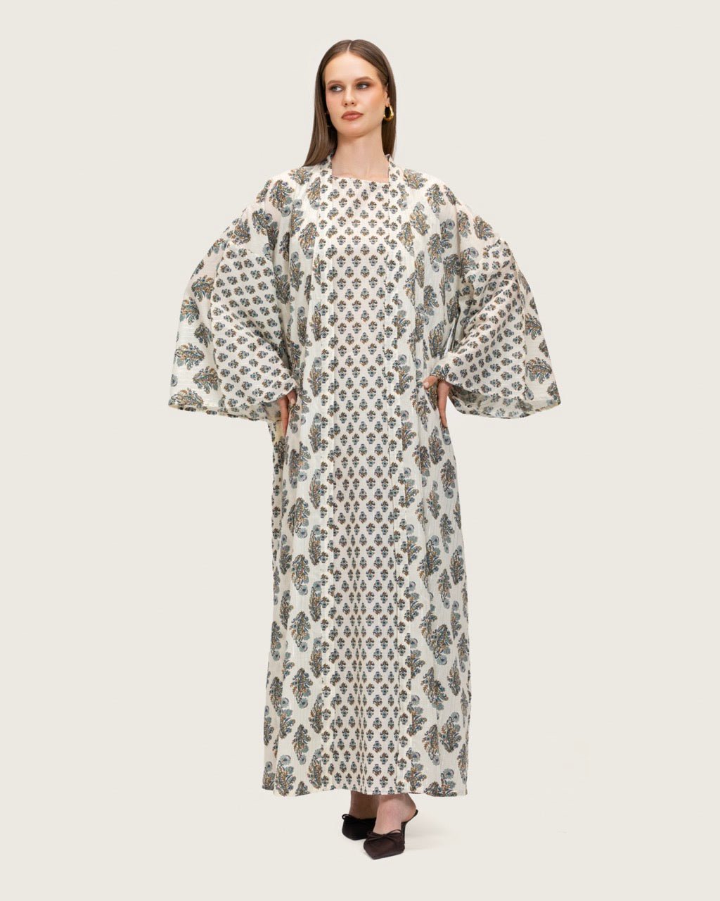 Printed Cotton Kimono Abaya Dress Set with Metalic Threads - Blue - Noētic