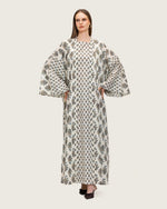 Printed Cotton Kimono Abaya Dress Set with Metalic Threads - Blue - Noētic