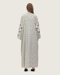 Printed Cotton Kimono Abaya Dress Set with Metalic Threads - Blue - Noētic