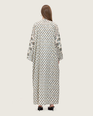 Printed Cotton Kimono Abaya Dress Set with Metalic Threads - Blue - Noētic