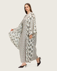 Printed Cotton Kimono Abaya Dress Set with Metalic Threads - Blue - Noētic