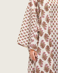Printed Cotton Kimono Abaya Dress Set with Metalic Threads - Pink - Noētic
