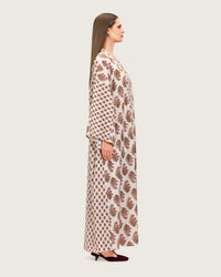Printed Cotton Kimono Abaya Dress Set with Metalic Threads - Pink - Noētic