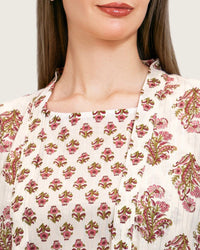 Printed Cotton Kimono Abaya Dress Set with Metalic Threads - Pink - Noētic