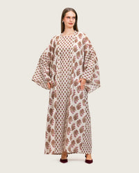 Printed Cotton Kimono Abaya Dress Set with Metalic Threads - Pink - Noētic