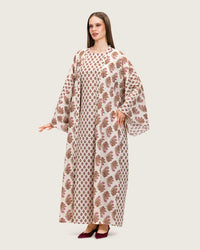 Printed Cotton Kimono Abaya Dress Set with Metalic Threads - Pink - Noētic