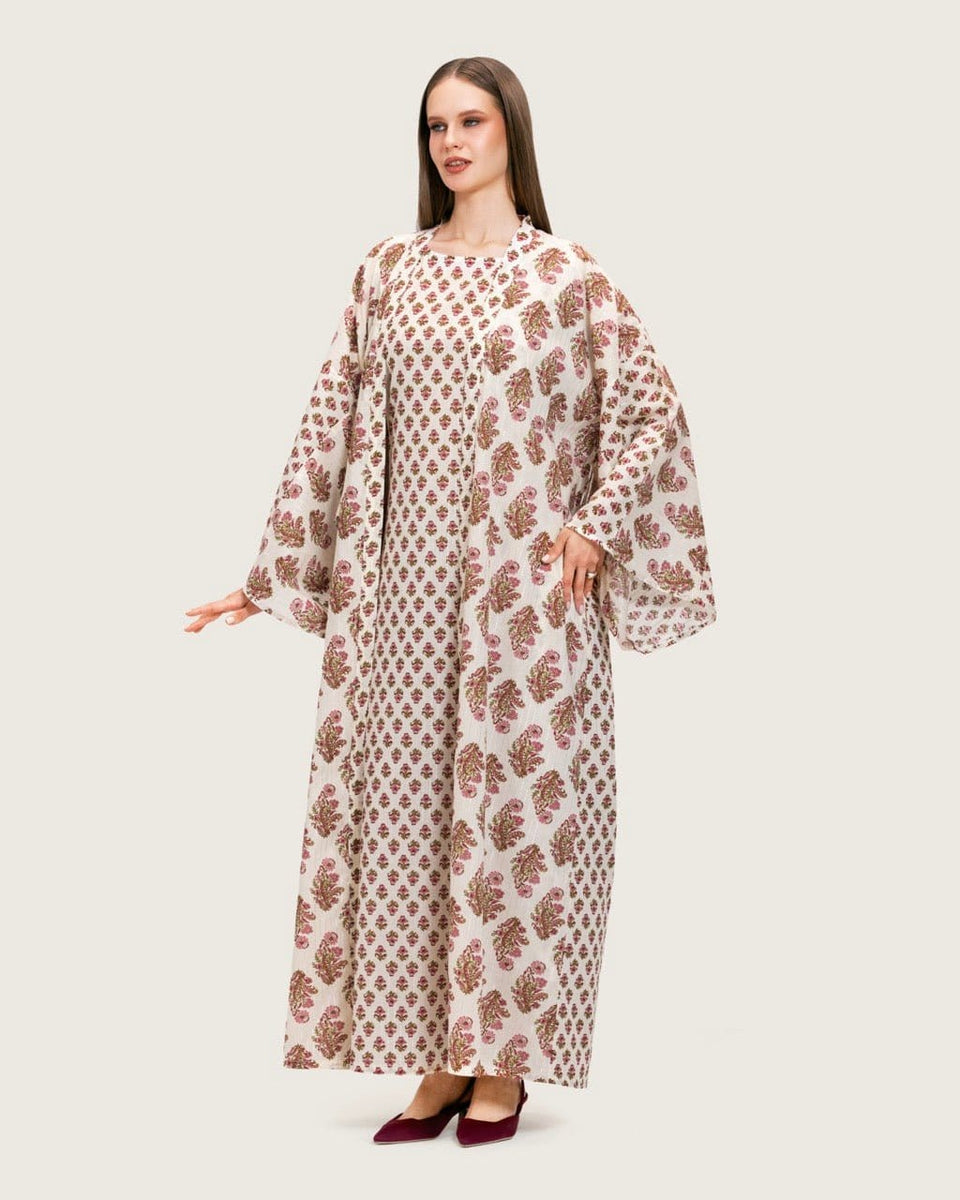 Printed Cotton Kimono Abaya Dress Set with Metalic Threads - Pink - Noētic
