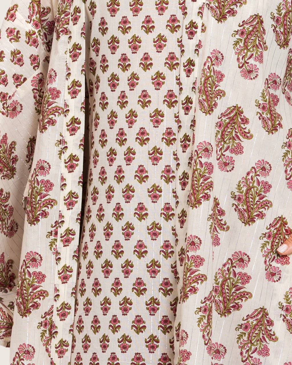 Printed Cotton Kimono Abaya Dress Set with Metalic Threads - Pink - Noētic
