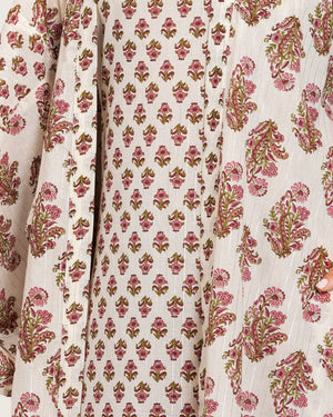 Printed Cotton Kimono Abaya Dress Set with Metalic Threads - Pink - Noētic