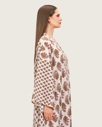 Printed Cotton Kimono Abaya Dress Set with Metalic Threads - Pink - Noētic