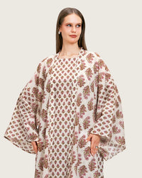 Printed Cotton Kimono Abaya Dress Set with Metalic Threads - Pink - Noētic