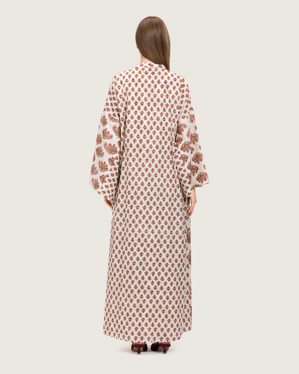 Printed Cotton Kimono Abaya Dress Set with Metalic Threads - Pink - Noētic