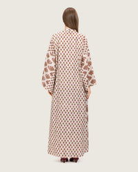 Printed Cotton Kimono Abaya Dress Set with Metalic Threads - Pink - Noētic
