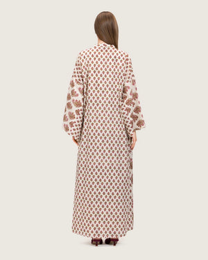 Printed Cotton Kimono Abaya Dress Set with Metalic Threads - Pink - Noētic
