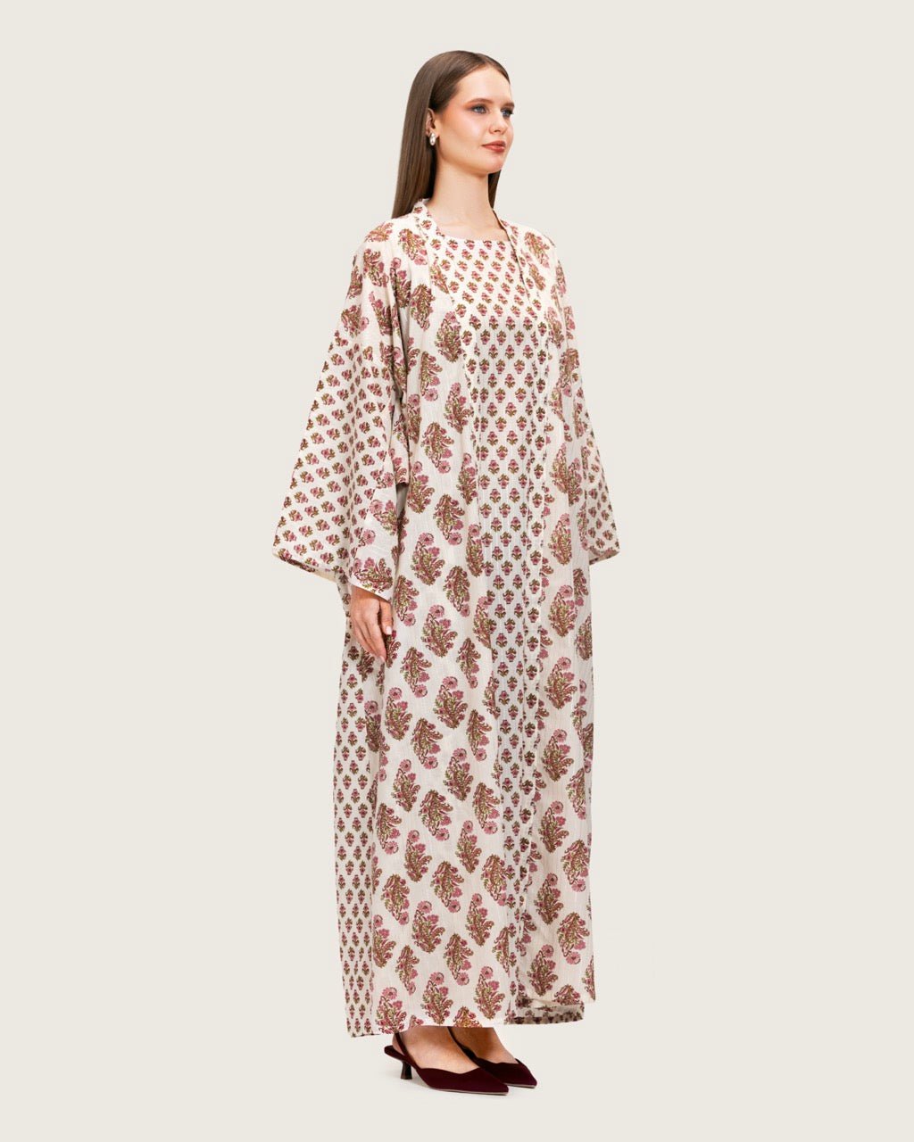 Printed Cotton Kimono Abaya Dress Set with Metalic Threads - Pink - Noētic