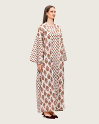 Printed Cotton Kimono Abaya Dress Set with Metalic Threads - Pink - Noētic
