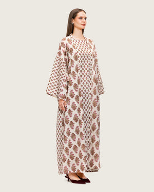 Printed Cotton Kimono Abaya Dress Set with Metalic Threads - Pink - Noētic