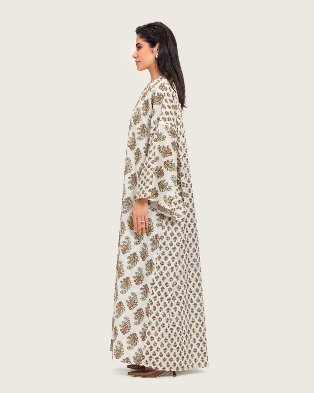 Printed Cotton Kimono Abaya Dress Set with Metalic Threads - Turquoise - Noētic