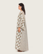 Printed Cotton Kimono Abaya Dress Set with Metalic Threads - Turquoise - Noētic