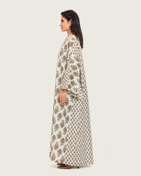 Printed Cotton Kimono Abaya Dress Set with Metalic Threads - Turquoise - Noētic