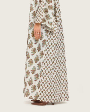 Printed Cotton Kimono Abaya Dress Set with Metalic Threads - Turquoise - Noētic