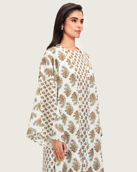 Printed Cotton Kimono Abaya Dress Set with Metalic Threads - Turquoise - Noētic