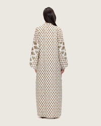 Printed Cotton Kimono Abaya Dress Set with Metalic Threads - Turquoise - Noētic