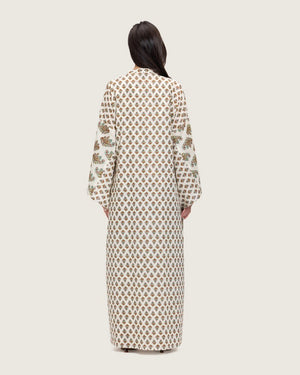 Printed Cotton Kimono Abaya Dress Set with Metalic Threads - Turquoise - Noētic