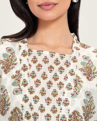 Printed Cotton Kimono Abaya Dress Set with Metalic Threads - Turquoise - Noētic