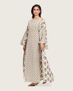 Printed Cotton Kimono Abaya Dress Set with Metalic Threads - Turquoise - Noētic