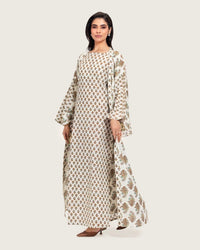 Printed Cotton Kimono Abaya Dress Set with Metalic Threads - Turquoise - Noētic