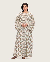 Printed Cotton Kimono Abaya Dress Set with Metalic Threads - Turquoise - Noētic