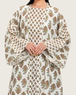 Printed Cotton Kimono Abaya Dress Set with Metalic Threads - Turquoise - Noētic