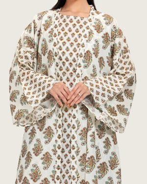 Printed Cotton Kimono Abaya Dress Set with Metalic Threads - Turquoise - Noētic