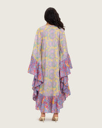 Printed Flowy Kaftan Dress with Soft Multicolor Motifs and Tassels - Noētic