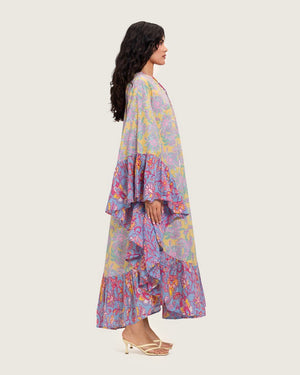 Printed Flowy Kaftan Dress with Soft Multicolor Motifs and Tassels - Noētic