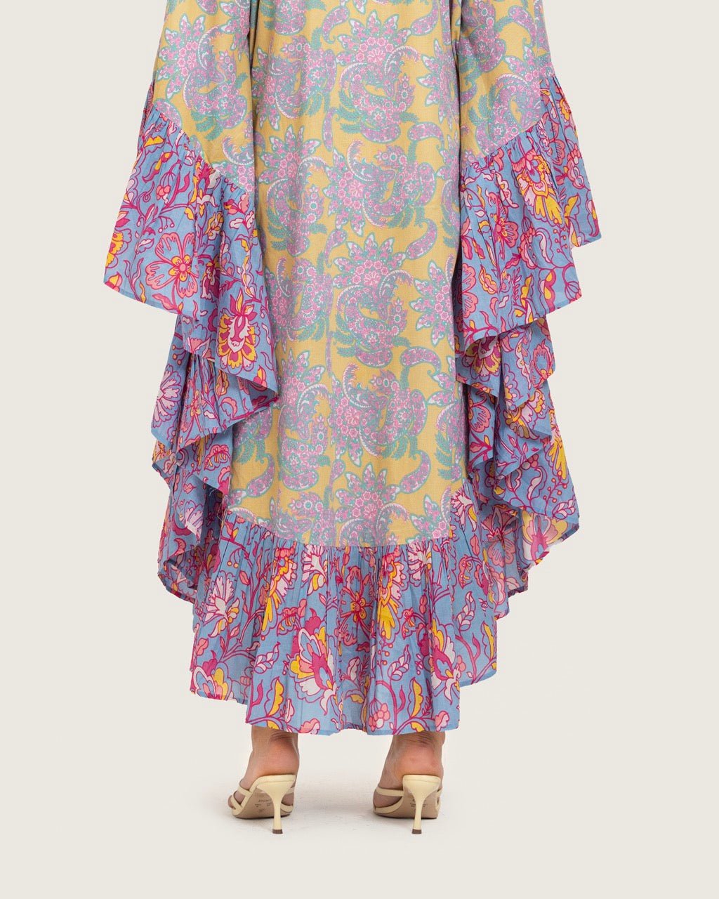 Printed Flowy Kaftan Dress with Soft Multicolor Motifs and Tassels - Noētic