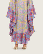 Printed Flowy Kaftan Dress with Soft Multicolor Motifs and Tassels - Noētic
