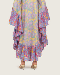 Printed Flowy Kaftan Dress with Soft Multicolor Motifs and Tassels - Noētic