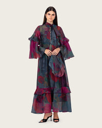 Printed Maxi Dress with Bow Neck and Flared Sleeves - Noētic