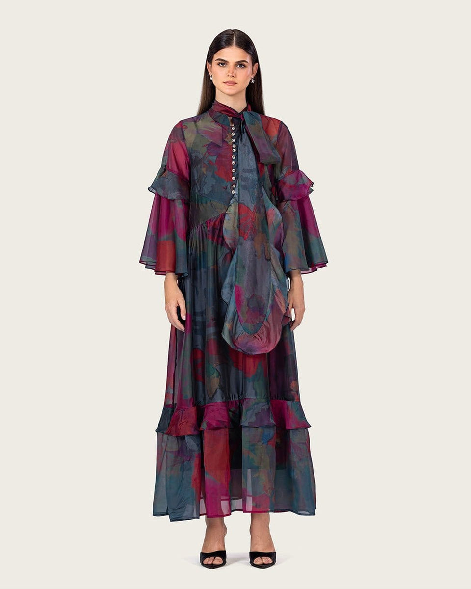 Printed Maxi Dress with Bow Neck and Flared Sleeves - Noētic