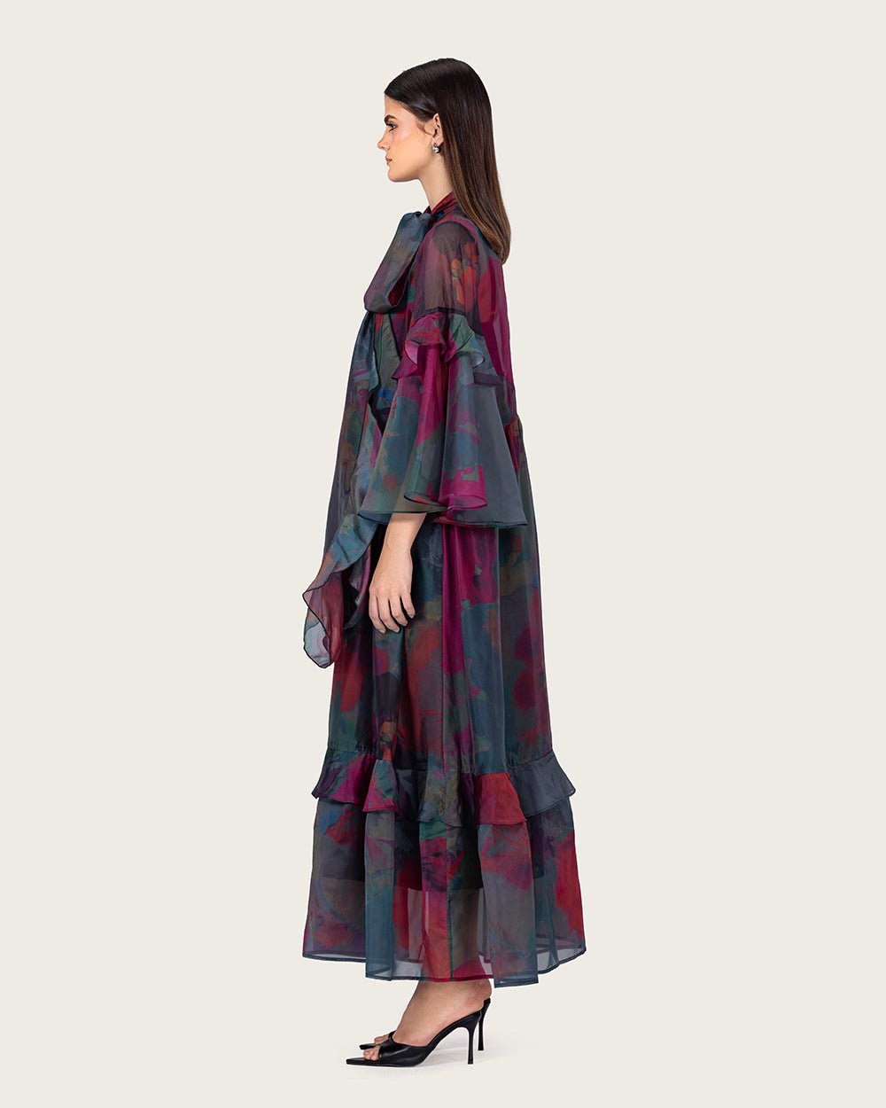 Printed Maxi Dress with Bow Neck and Flared Sleeves - Noētic