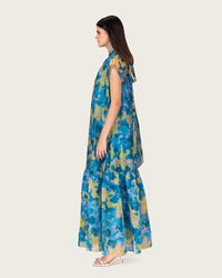 Printed Organza Maxi Dress with Back Bow Tie - Noētic
