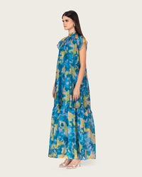 Printed Organza Maxi Dress with Back Bow Tie - Noētic