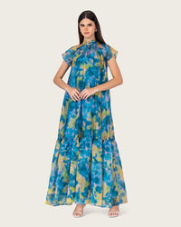 Printed Organza Maxi Dress with Back Bow Tie - Noētic