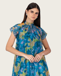 Printed Organza Maxi Dress with Back Bow Tie - Noētic