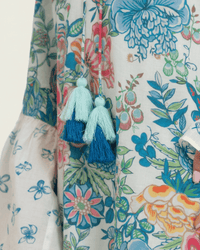 Printed Ruffle Trimmed Kaftan with Tie Neck & Tassels - Noētic