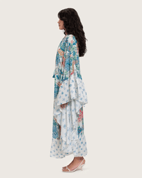 Printed Ruffle Trimmed Kaftan with Tie Neck & Tassels - Noētic