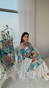 Printed Ruffle Trimmed Kaftan with Tie Neck & Tassels - Noētic