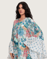 Printed Ruffle Trimmed Kaftan with Tie Neck & Tassels - Noētic